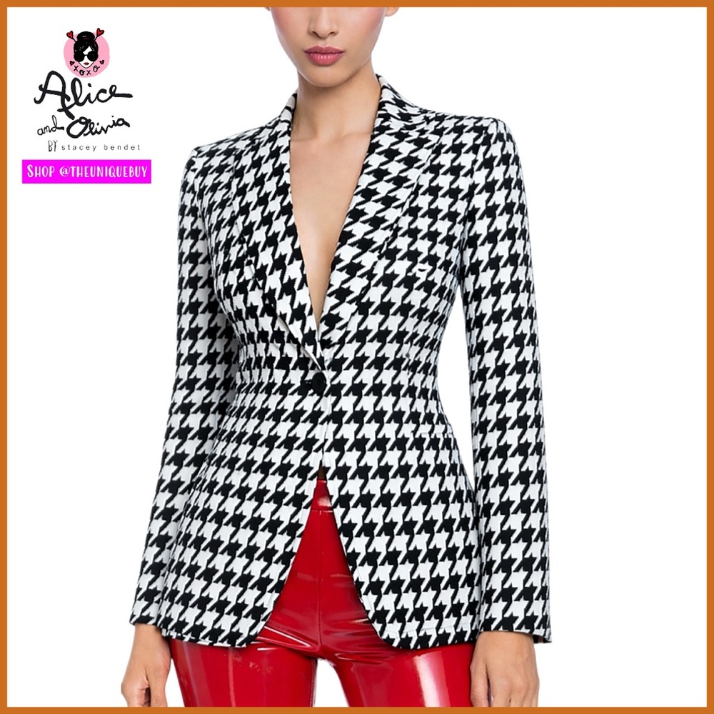 Alice + Olivia Breann Houndstooth Black White Fitted Blazer Jacket - Picture 1 of 17